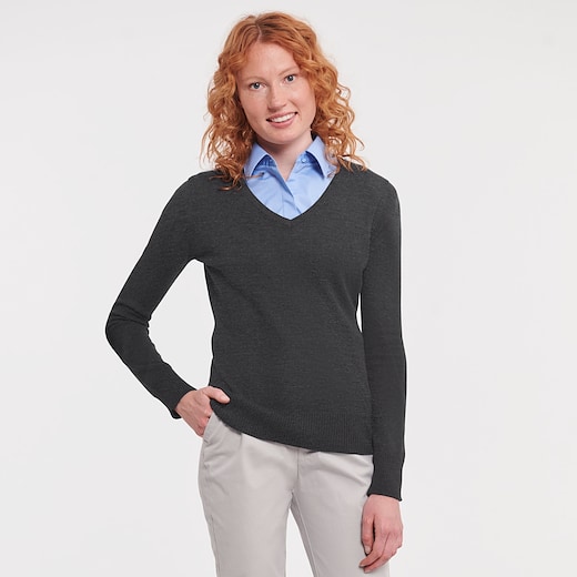 Russell Ladies V-Neck Knitted Pullover 710F - charcoal marl