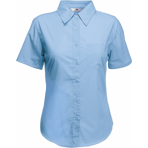 blå Fruit of the Loom Lady-Fit Short Sleeve Poplin Shirt - mid blue