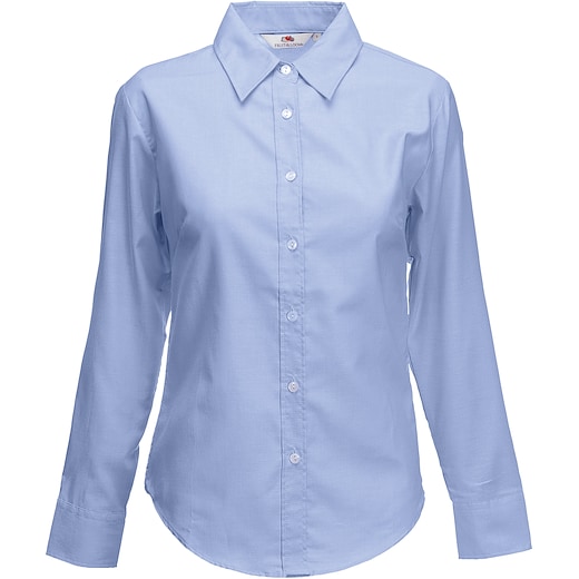 blå Fruit of the Loom Lady-Fit Long Sleeve Oxford Shirt - oxford blue