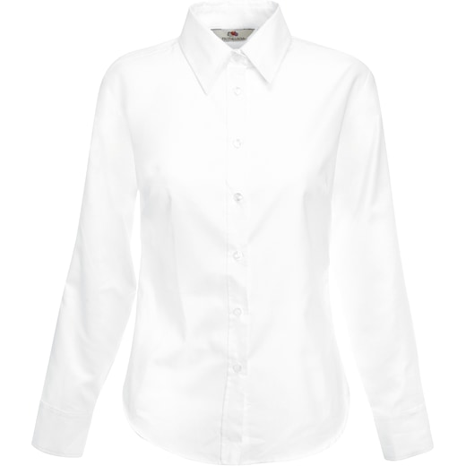 vit Fruit of the Loom Lady-Fit Long Sleeve Oxford Shirt - white