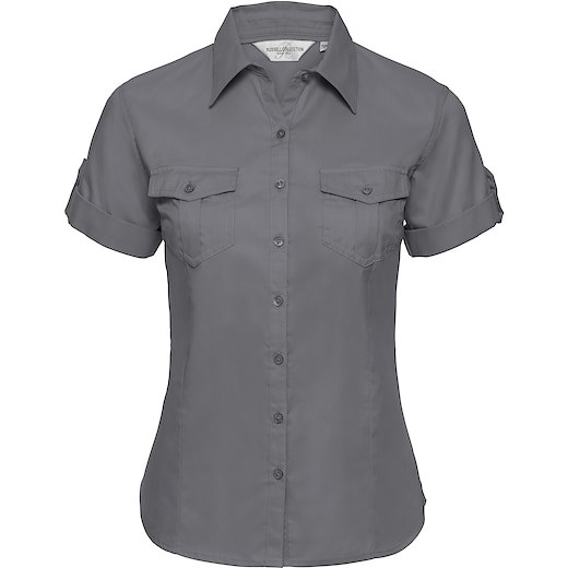 grå Russell Ladies´ Roll Short Sleeve Fitted Twill Shirt 919F - zinc