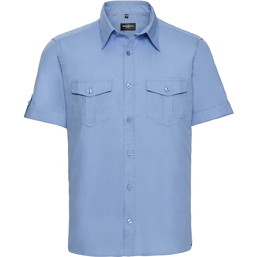 blå Russell Men´s Roll Short Sleeve Fitted Twill Shirt 919M - blue