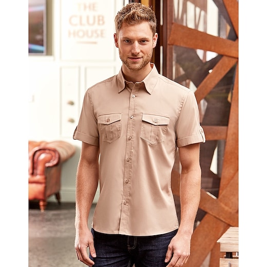 marron Russell Men´s Roll Short Sleeve Fitted Twill Shirt 919M - kaki