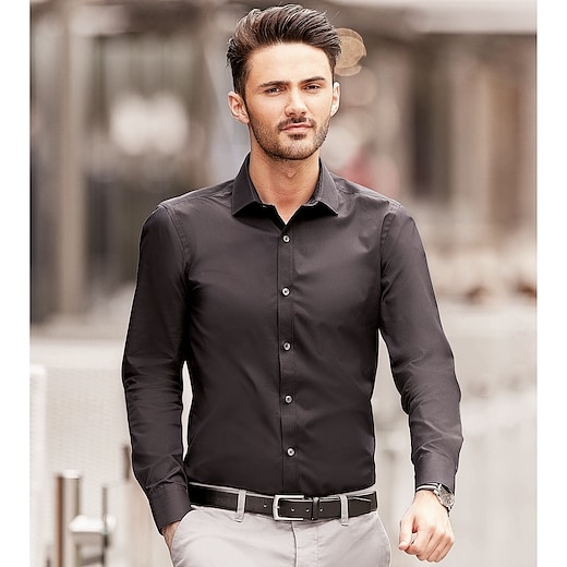 svart Russell Men´s Long Sleeve Fitted Stretch Shirt 960M - black