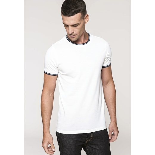 blau Kariban Men´s Pique Knit Crew Neck T-shirt - off white/ navy