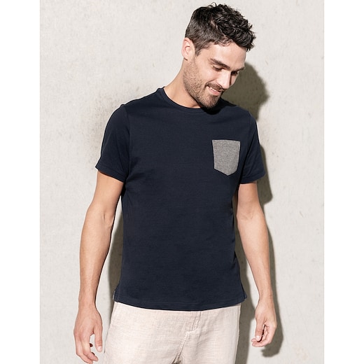 sininen Kariban Organic Cotton T-shirt Pocket - navy/ grey heather