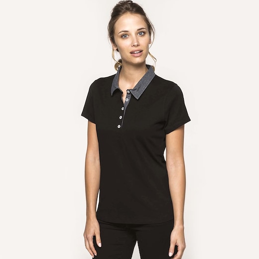 negro Kariban Ladies´ Two-Tone Jersey Polo Shirt - black/ dark grey heather
