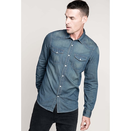 blå Kariban Men´s Long-Sleeved Denim Shirt - blue jeans